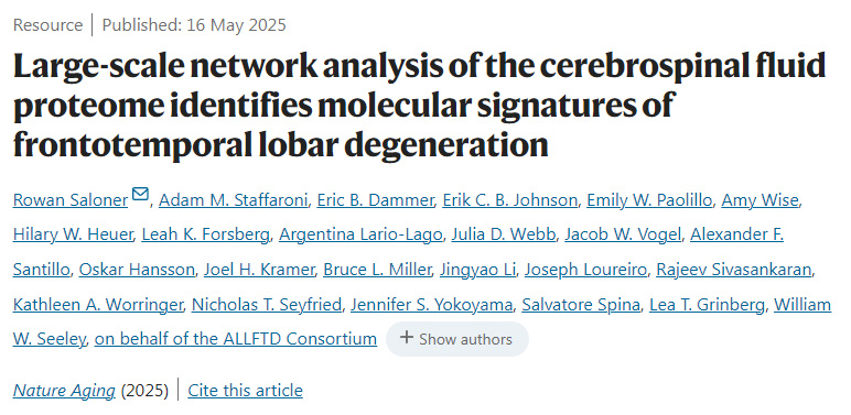  腦脊液蛋白質(zhì)組的大規(guī)模網(wǎng)絡(luò)分析鑒定出額顳葉變性的分子特征