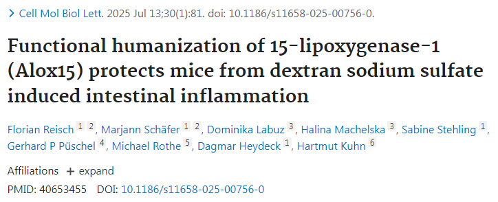 功能性人源化15-脂氧合酶-1 (Alox15) 保護小鼠免受葡聚糖硫酸鈉誘導的腸道炎癥
