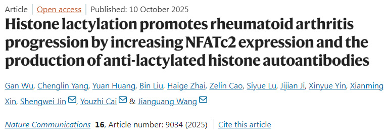 組蛋白乳酸化通過增加NFATc2表達(dá)及抗乳酸化組蛋白自身抗體產(chǎn)生促進(jìn)類風(fēng)濕關(guān)節(jié)炎進(jìn)展 組蛋白乳酸化通過增加NFATc2表達(dá)及抗乳酸化組蛋白自身抗體產(chǎn)生促進(jìn)類風(fēng)濕關(guān)節(jié)炎進(jìn)展