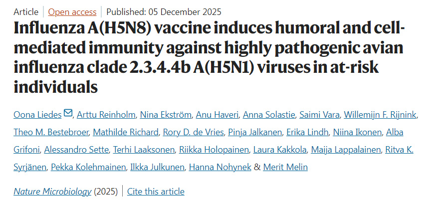 甲型H5N8流感疫苗可在高危人群中誘導(dǎo)針對高致病性禽流感分支2.3.4.4b甲型H5N1病毒的體液及細胞介導(dǎo)免疫反應(yīng)